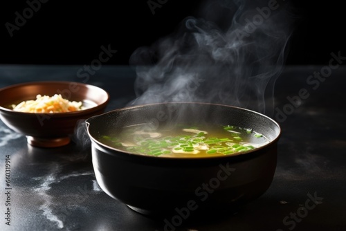 dark bowl of miso soup with steam rising on a cool slate counter