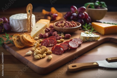 Spanish tapas sliced sausages salami, fuet and chorizo on a wooden board, generative ai