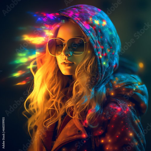 Junge Frau mit Kapzue und bunten Farben 