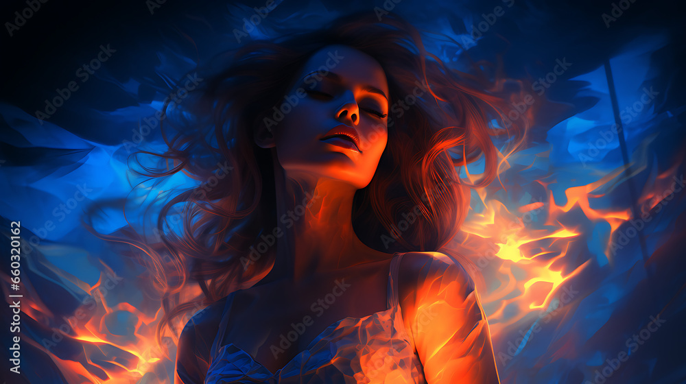 Desire Concept: Woman Under Blue Light and Flames