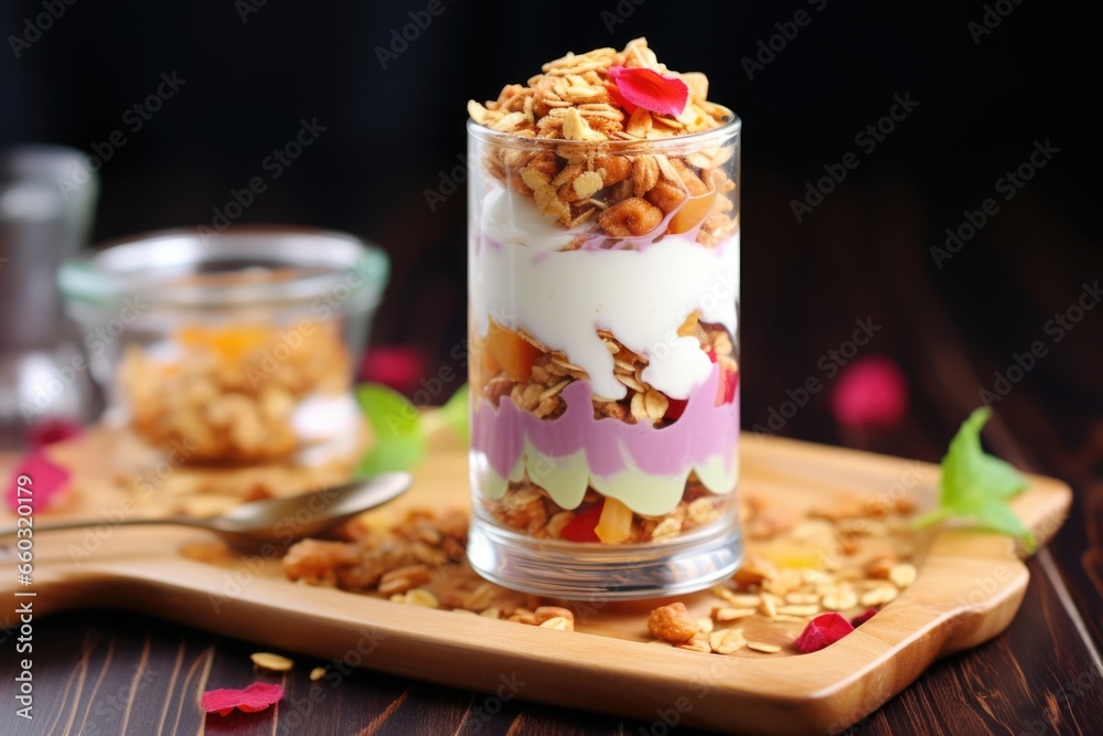 muesli mix layered with flavored yogurt in a glass muesli mix layered with flavored yogurt in a glass