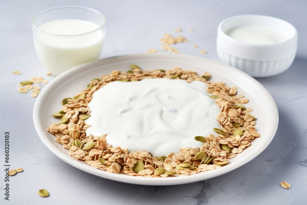 yogurt mix with muesli scattered on a flat white dish yogurt mix with muesli scattered on a flat white dish