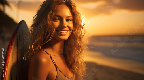 Smiling Surfer Girl with Board at Sunset Lighting © L