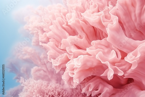 Pink coral background in blue sea water. Abstract background with pastel colors.
