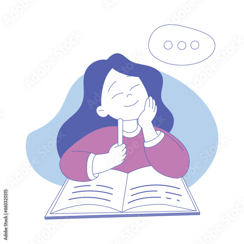 Smiling Girl First Grader Sitting at Desk with Copybook and Pen Thinking Vector Illustration