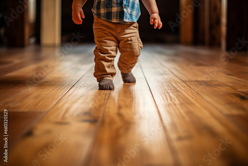 lower section of Baby Boy walking on wooden floor