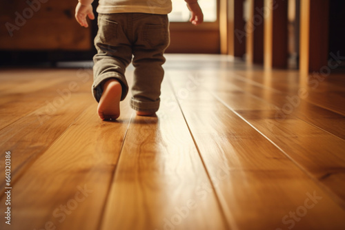 lower section of Baby Boy walking on wooden floor © alisaaa