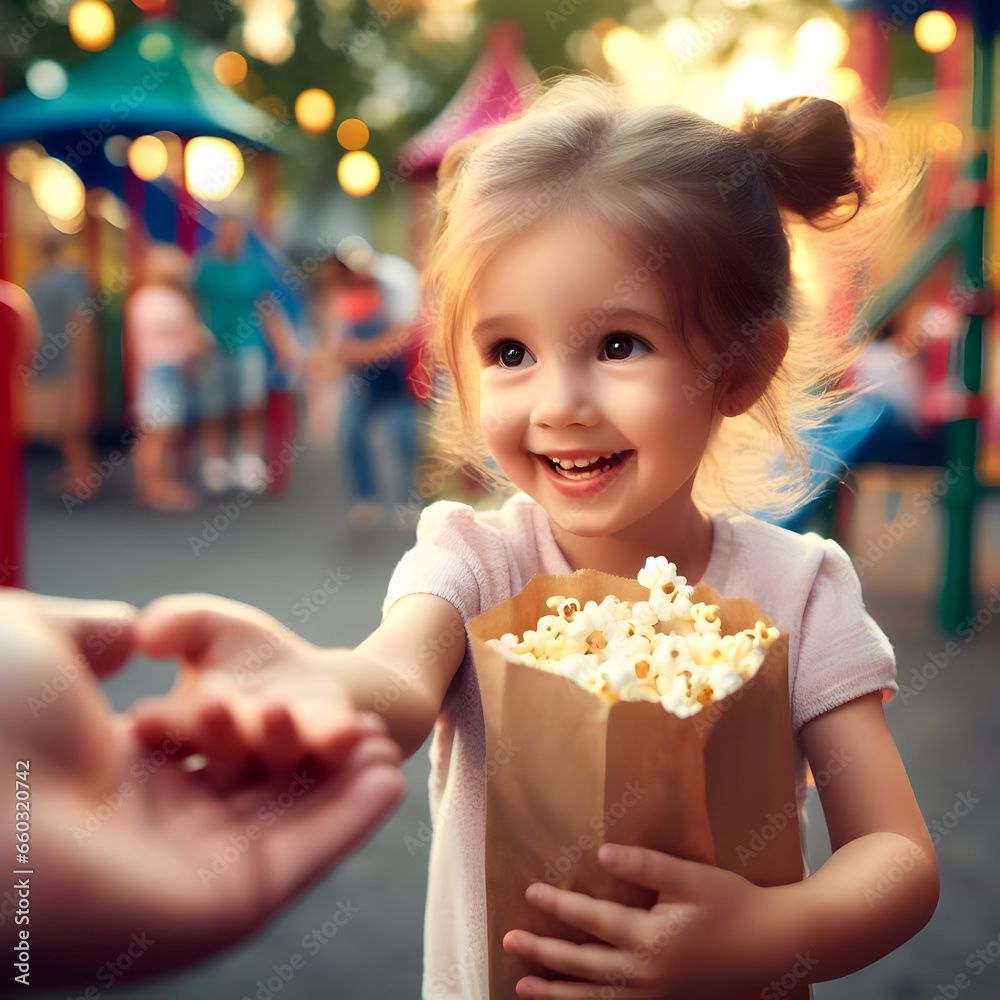 A happy little girl gets popcorn in the playground
A happy little girl gets popcorn in the playground