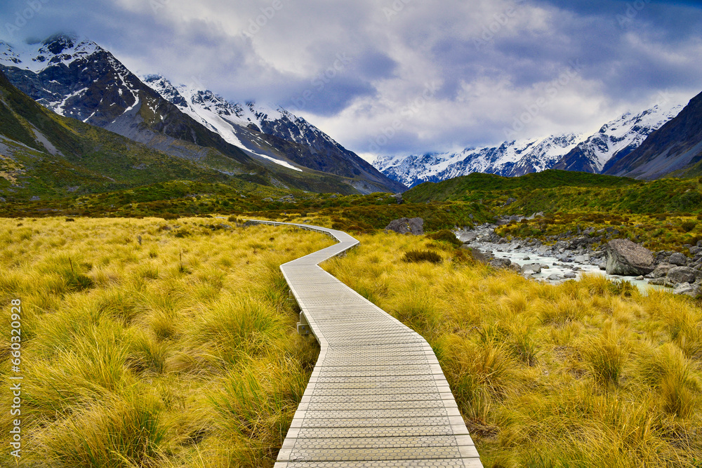 The beautiful Hooker Valley Track to mount Aoraki The beautiful Hooker Valley Track to mount Aoraki