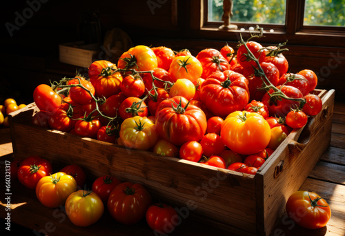 A crate filled with vibrant red and yellow tomatoes. A wooden crate filled with lots of red and yellow tomatoes