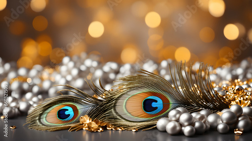 Close up christmas celebration background winter decoration design. Bokeh garlands in the background.