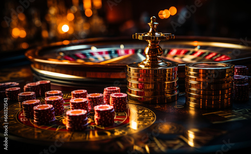 A vibrant casino table filled with red and gold cups. A casino table filled with lots of red and gold cups