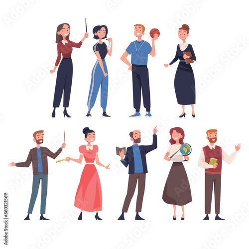 People Teacher Character Standing and Teaching Vector Set