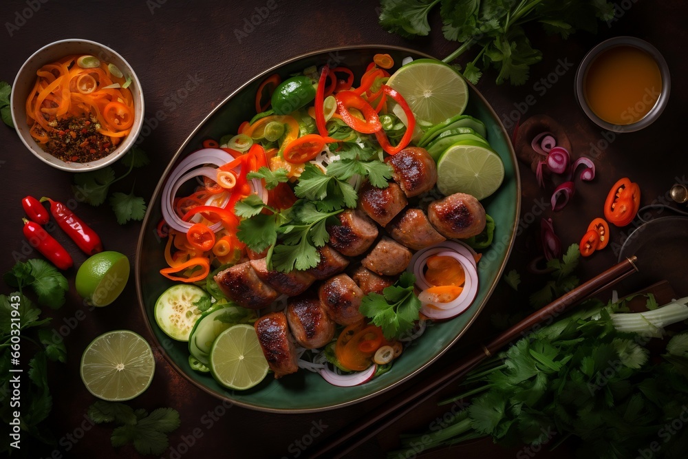 Namnueng vietnamese and thai dish with sausage and vegetables, top view, generative ai