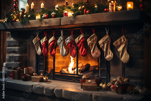 Christmas socks with gifts on fireplace in living room 