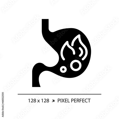 2D pixel perfect glyph style burning stomach icon, isolated silhouette vector, simple illustration representing metabolic health.