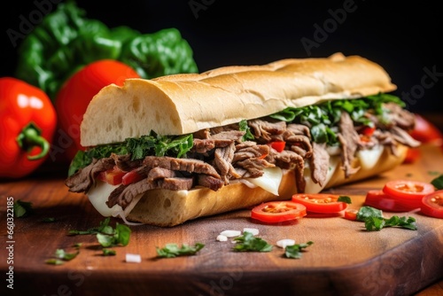 a philly cheesesteak with a red cherry tomato and green lettuce on top
