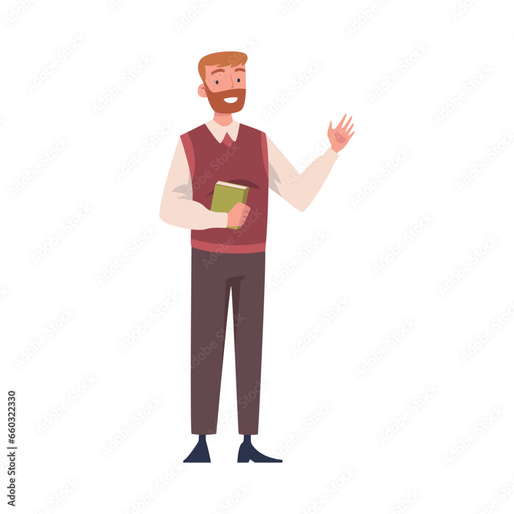 Young Bearded Man Teacher Character Standing with Pointer and Teaching Vector Illustration Young Bearded Man Teacher Character Standing with Pointer and Teaching Vector Illustration