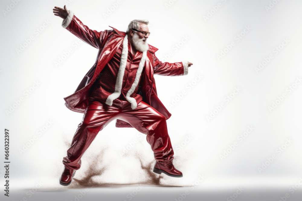 Fototapeta premium stylish aged playful emotion Santa in sunglasses with comic grimace fooling around on white background