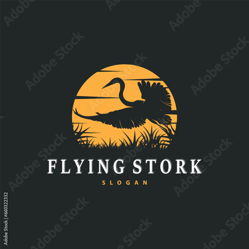 Stork Bird Logo, Heron, Grass, And River Design, Vector Simple Template illustration