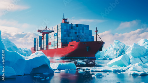 Cargo ship with full of containers sailing passing an iceberg.