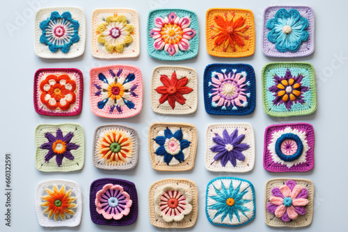 Floral Pattern of Granny squares. Multicolored crochet flowers on White background. Top View Colorful illustration