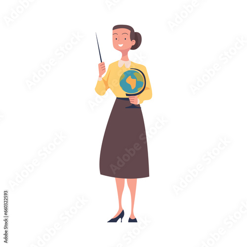 Young Woman Teacher Character Standing with Pointer and Globe Teaching Vector Illustration