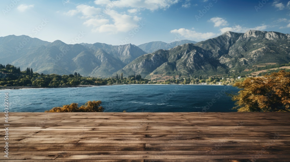 Empty Wooden Floor Display with Sea & Mountain View