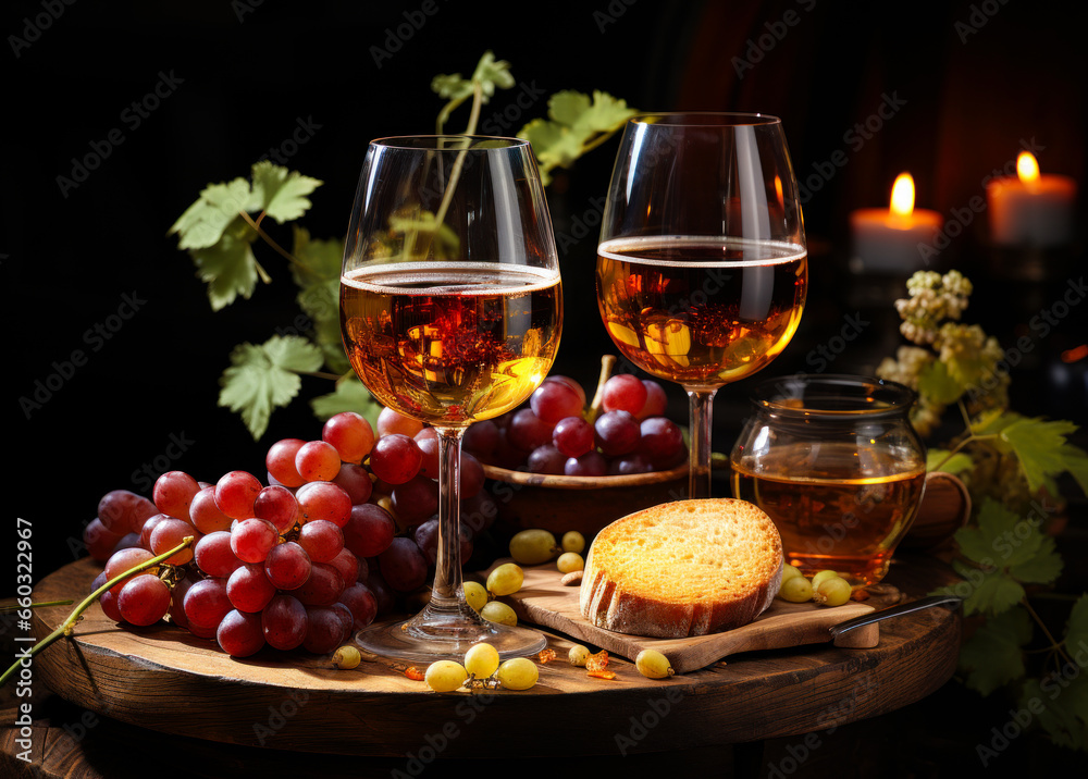 Two glasses of wine and grapes on a table Two glasses of wine and grapes on a table