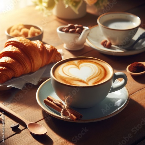 Cup of coffee on a wooden table, heart on foam, croissant, morning sunlight, positive mood, idea for serving breakfast.