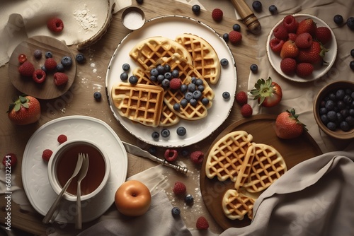 top view breakfast plate with waffles and fruits, generative ai