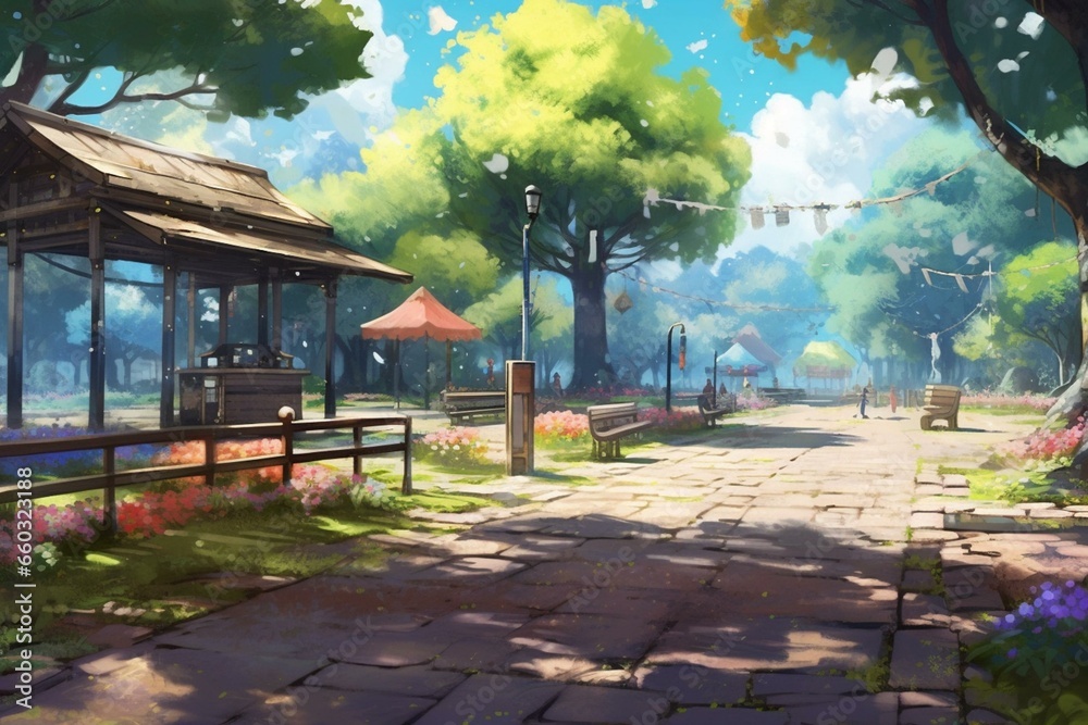 Anime-style park scenery during the day. Generative AI
