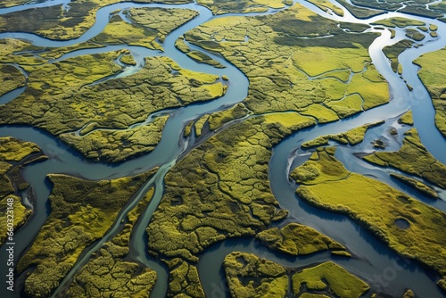 Overhead view of a delta and marshy areas. Generative AI