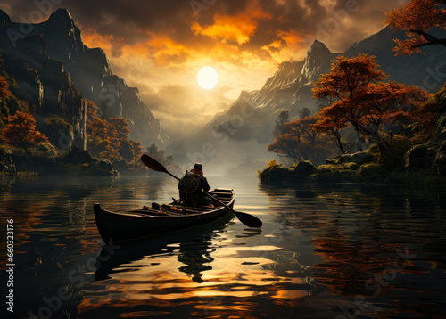 A serene lake with a man peacefully canoeing