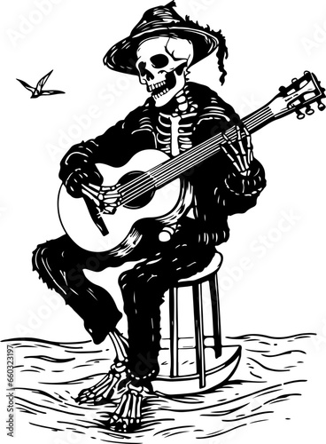 The skeleton wears a witch's hat and plays the guitar