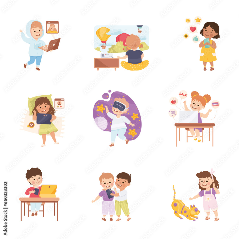 Children Using Smart Technologies Playing with Robot and Virtual Game Vector Set Children Using Smart Technologies Playing with Robot and Virtual Game Vector Set