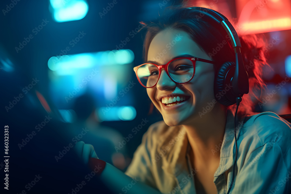 Young woman playing games with ear headphones Young woman playing games with ear headphones