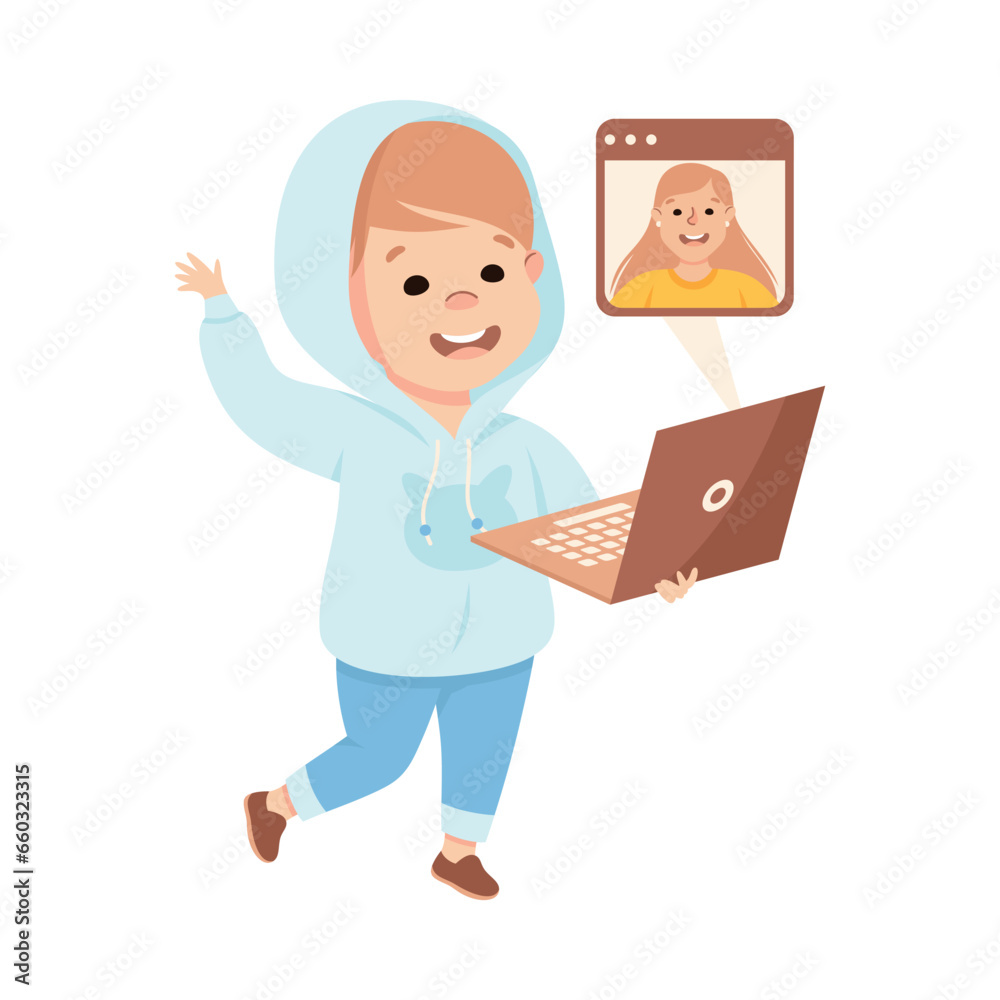Little Boy with Laptop Video Call Using Smart Technology Vector Illustration Little Boy with Laptop Video Call Using Smart Technology Vector Illustration