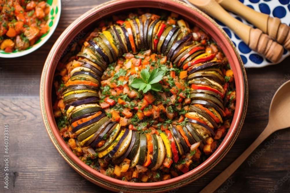 Fototapeta premium ratatouille dish arranged in a spiraled pattern in round bowl