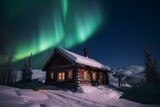 Stunning winter scenery featuring a wooden house amidst snowy mountains under mesmerizing northern lights in the night sky. Generative AI
