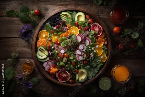 fresh salad mix organic vegetables with avocado, tomatoes and fruits, top view, generative ai