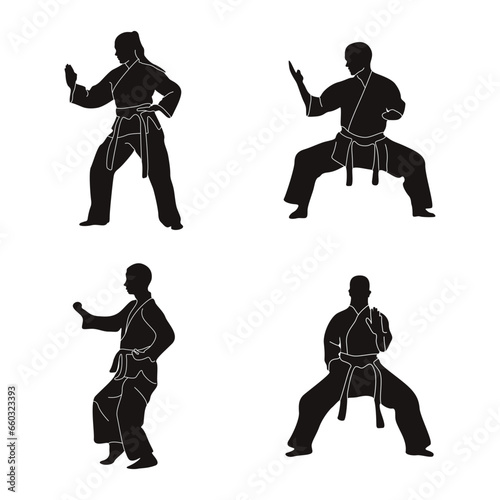 Karate Fighter Silhouette With Outlines On Kimono. Vector Illustration Set. 
