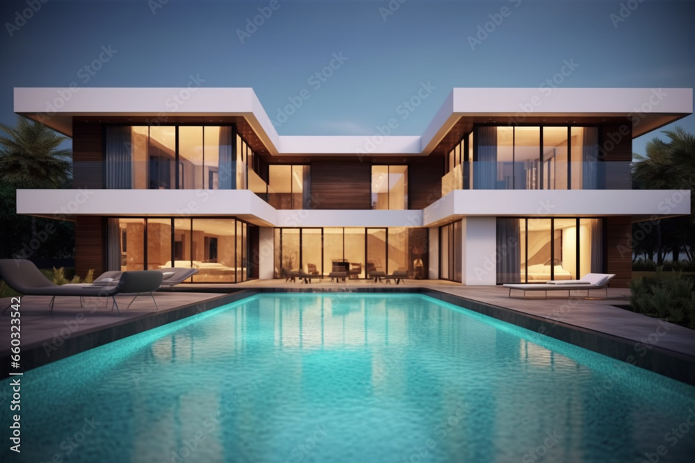 Luxury pool villa spectacular contemporary design digital art real estate home house and property