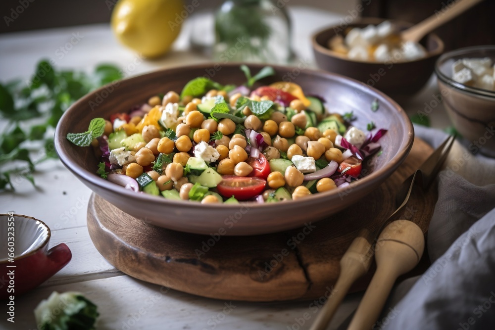 Fresh vegetable salad with chickpeas and feta, sunny light background, generative ai