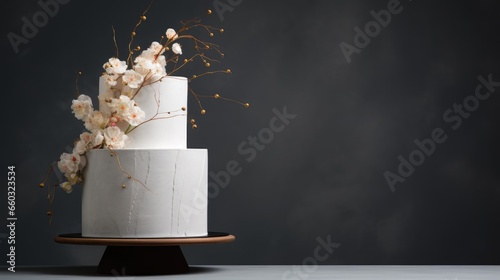 Simple white wedding cake with glaze and flowers on a gray background. AI photo