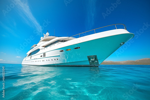 Luxury yacht moving in sea against blue sky, © alisaaa