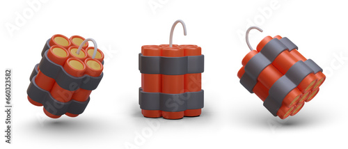 Set of realistic explosives in different positions. Sticks of dynamite, bomb. Isolated vector image. Pyrotechnic materials. Game illustrations on white background
