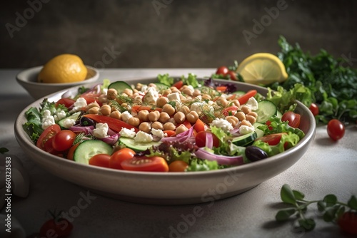 Fresh vegetable salad with chickpeas and feta, sunny light background, generative ai
