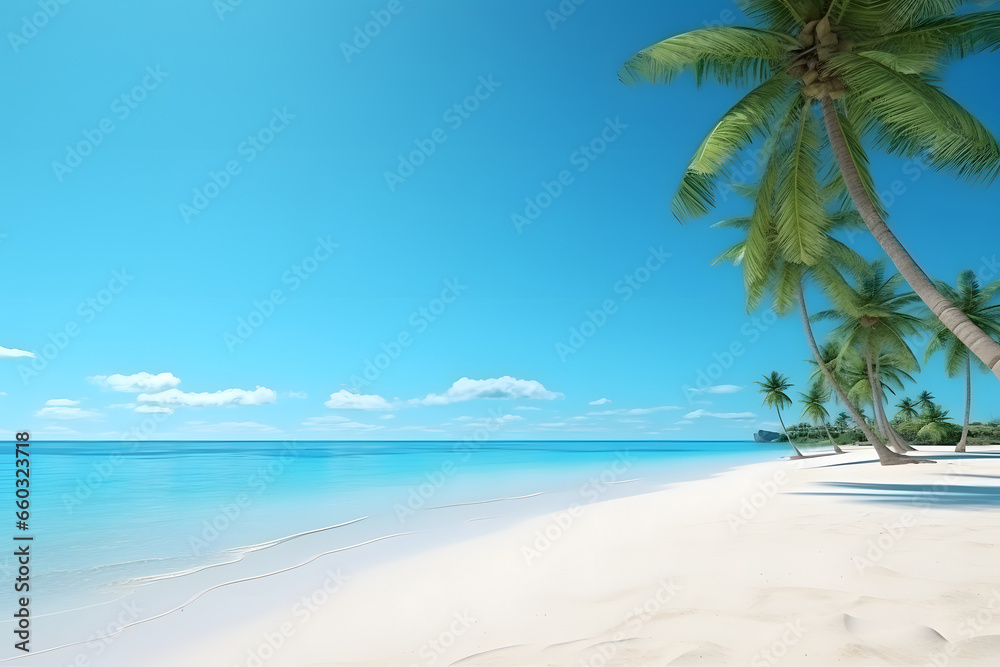 tropical beach view at sunny day with white sand, turquoise water and palm tree. Neural network generated image. Not based on any actual scene or pattern. tropical beach view at sunny day with white sand, turquoise water and palm tree. Neural network generated image. Not based on any actual scene or pattern.