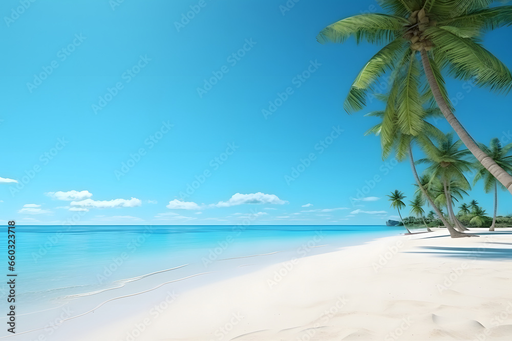 tropical beach view at sunny day with white sand, turquoise water and palm tree. Neural network generated image. Not based on any actual scene or pattern.